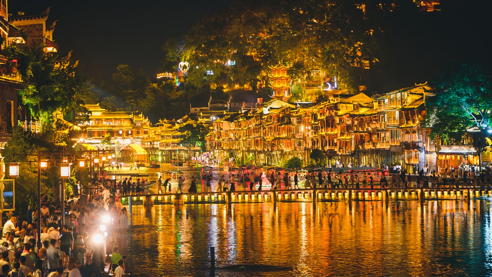 Ancient town of Fenghuang lit up at night