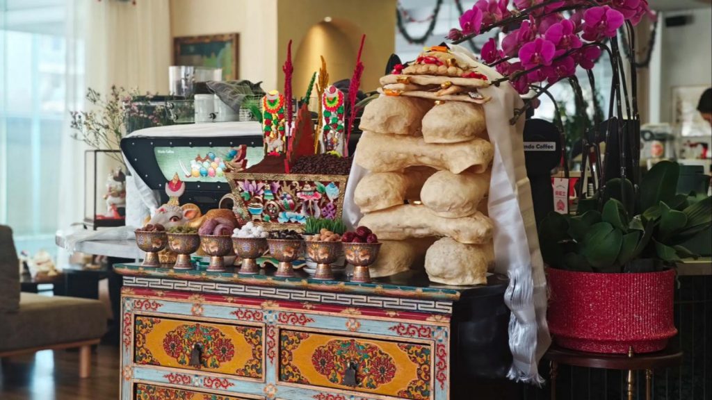 A traditional Tibetan Losar (New Year) offering display.