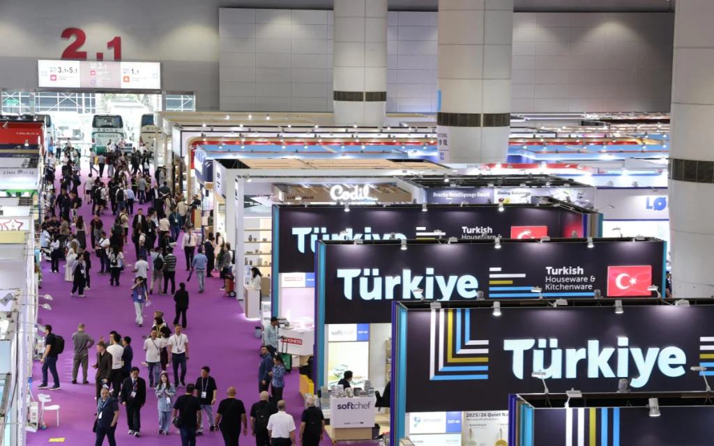 An exhibition hall bustling with buyers