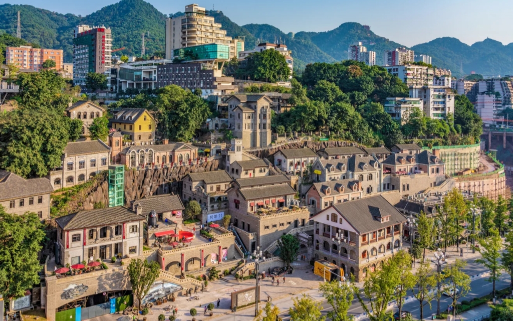 Longmenhao Old Street and city buildings in the hills in Chongqing
