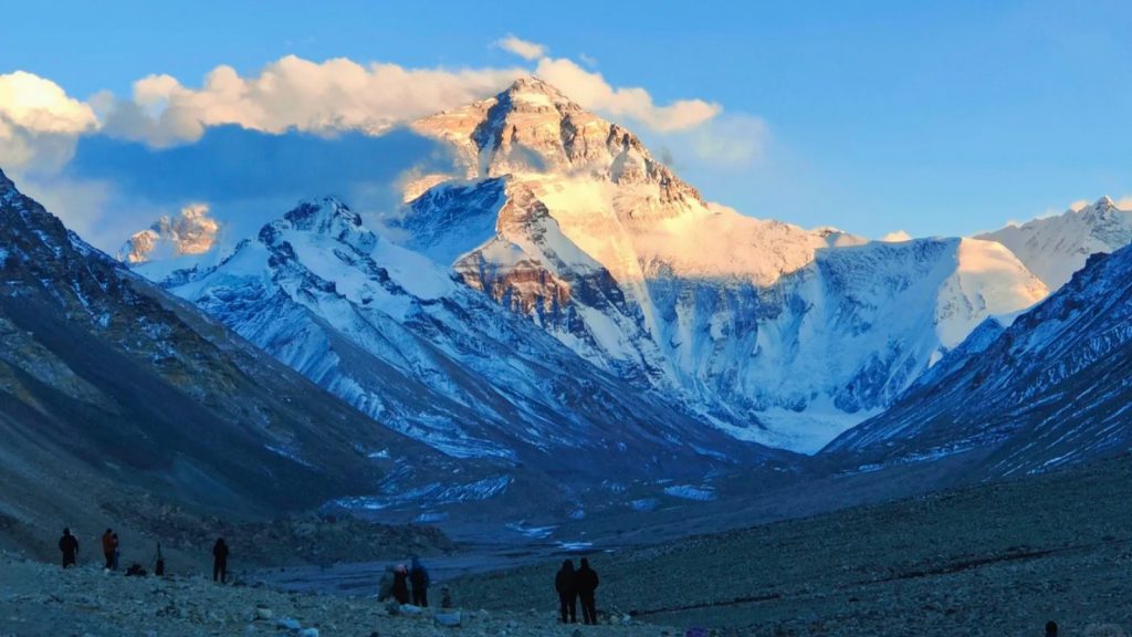 Sunrise view of Mount Everest from the North Base Camp in Tibet.