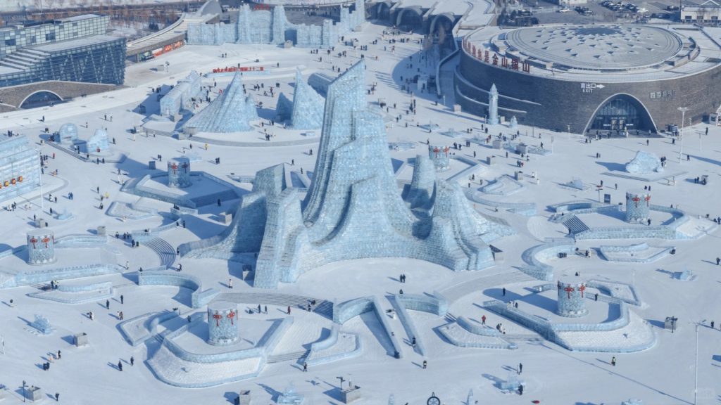 Aerial view of the spectacular Harbin Ice and Snow World.