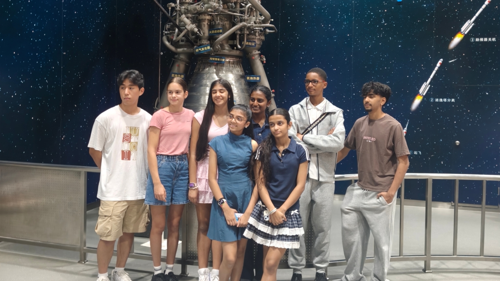 International student group visits a rocket engine exhibit at the China Science and Technology Museum in Beijing