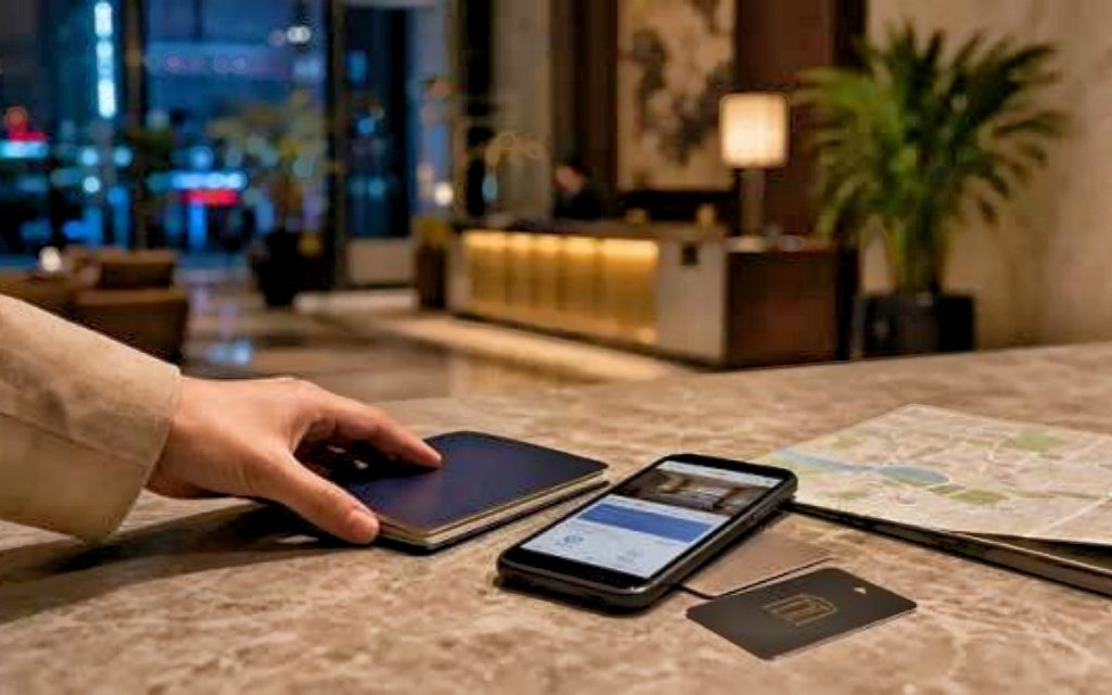 International traveler using a smartphone and passport at a hotel reception desk in China