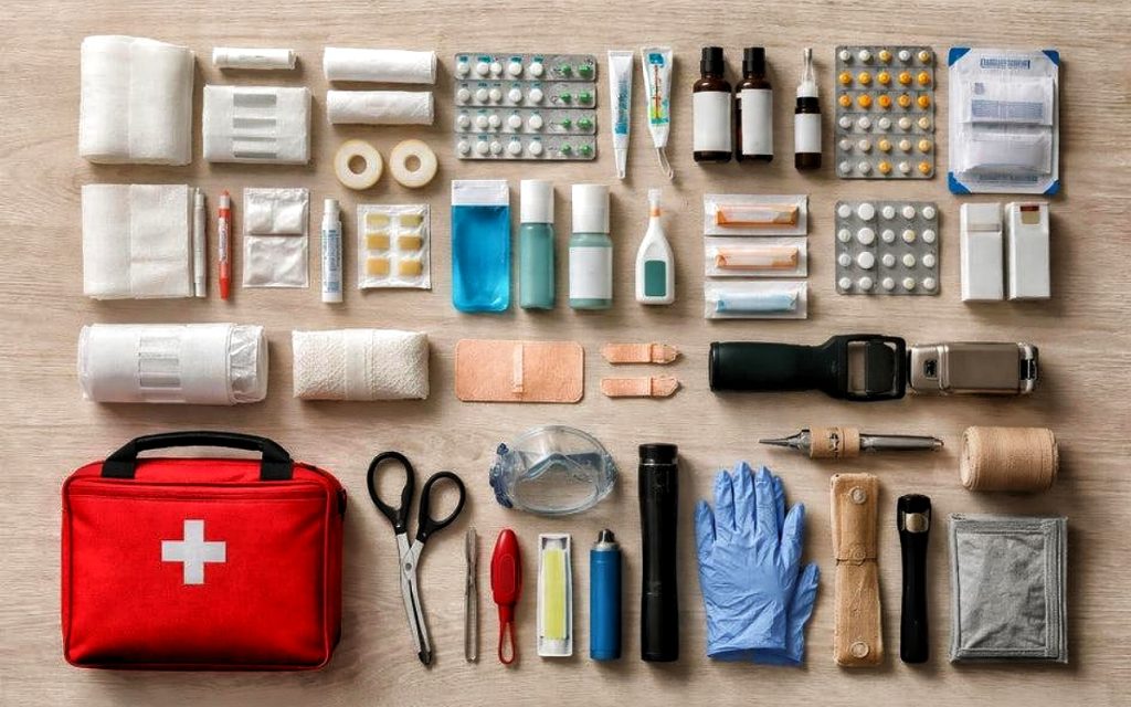 Travel first aid kit with bandages, sterile dressings, gloves and medical tape